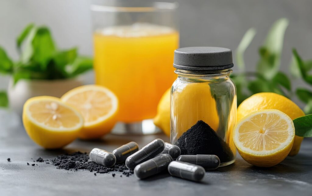 Lemons and activated charcoal next to plants on a gray counter